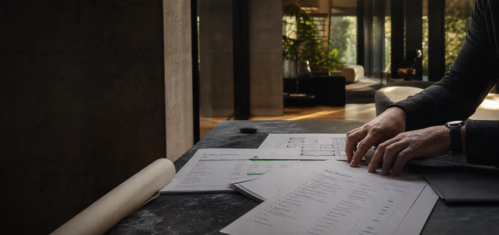 Profesional revisando información financiera, planos y riesgos de una comunidad